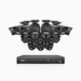 H500P - 3K 16 Channel PoE Security System with 8 Bullet & 8 Turret Cameras, Color & IR Night Vision, 3072*1728 Resolution, f/1.6 Aperture (0.005 Lux), Human & Vehicle Detection, Built-in Microphone,IP67